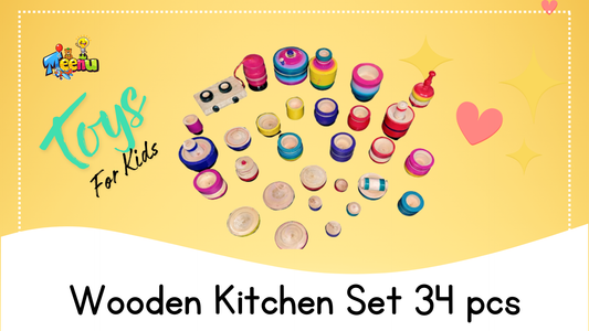 Wooden Kitchen Set for Kids (34 PCS) | Montessori Pretend Play Toy | Handmade Wooden Cooking Set | Meenu Wood Crafts & Toys