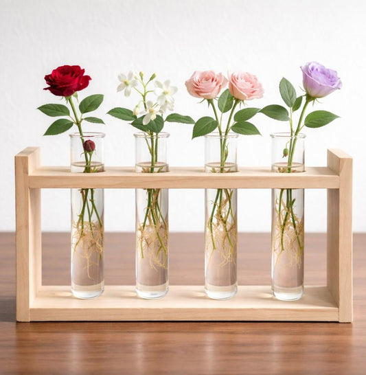 ðŋ Wooden 4 Test Tube Plant Holder | Handmade Hydroponic Flower Vase | Home Decor | Meenu Wood Crafts