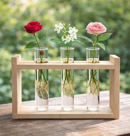Wooden Triple Test Tube Plant Holder | Handmade Hydroponic Vase | Home Decor | Meenu Wood Crafts