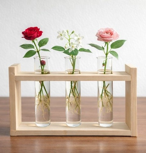 Wooden Triple Test Tube Plant Holder | Handmade Hydroponic Vase | Home Decor | Meenu Wood Crafts
