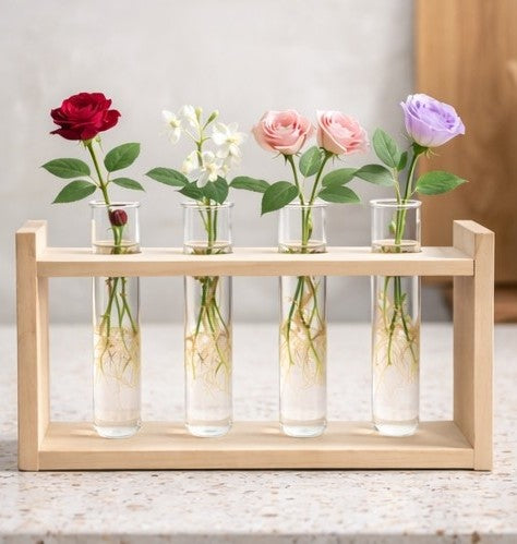 🌿 Wooden 4 Test Tube Plant Holder | Handmade Hydroponic Flower Vase | Home Decor | Meenu Wood Crafts