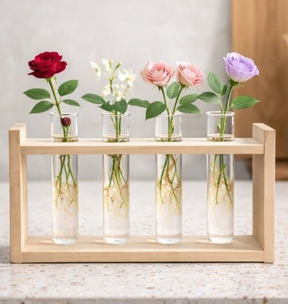 🌿 Wooden 4 Test Tube Plant Holder | Handmade Hydroponic Flower Vase | Home Decor | Meenu Wood Crafts