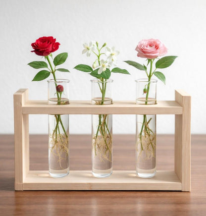 Wooden Triple Test Tube Plant Holder | Handmade Hydroponic Vase | Home Decor | Meenu Wood Crafts