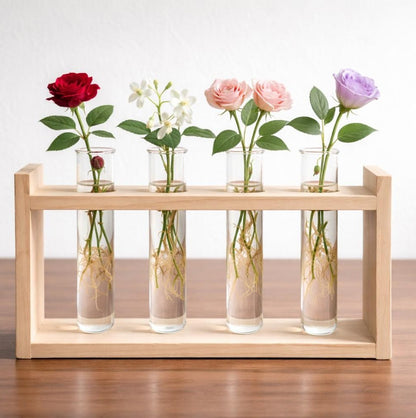🌿 Wooden 4 Test Tube Plant Holder | Handmade Hydroponic Flower Vase | Home Decor | Meenu Wood Crafts