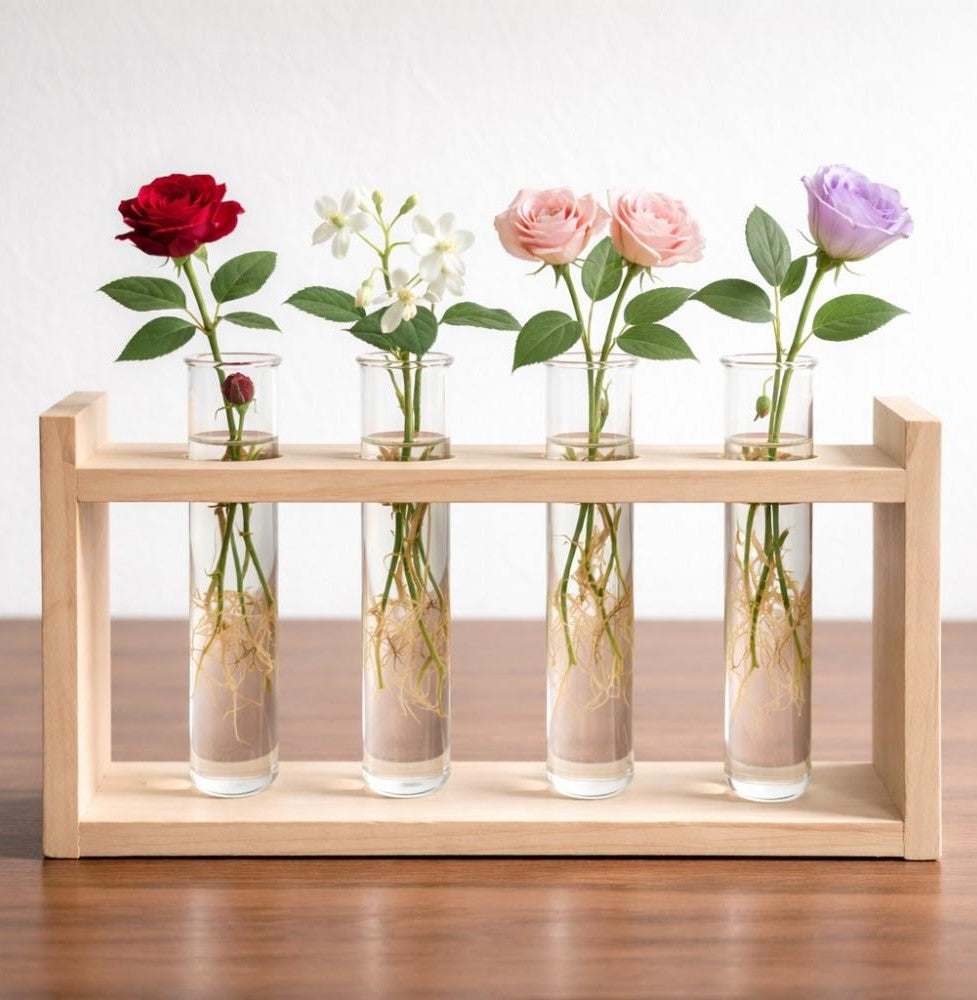 🌿 Wooden 4 Test Tube Plant Holder | Handmade Hydroponic Flower Vase | Home Decor | Meenu Wood Crafts