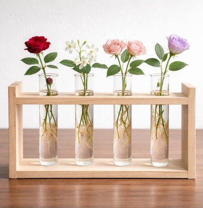 🌿 Wooden 4 Test Tube Plant Holder | Handmade Hydroponic Flower Vase | Home Decor | Meenu Wood Crafts