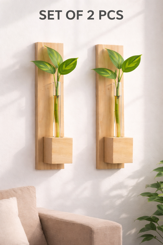 🪴 Wooden Wall Mounted Test Tube Planter (Set of 2) | Handmade Hydroponic Wall Decor | Meenu Wood Crafts