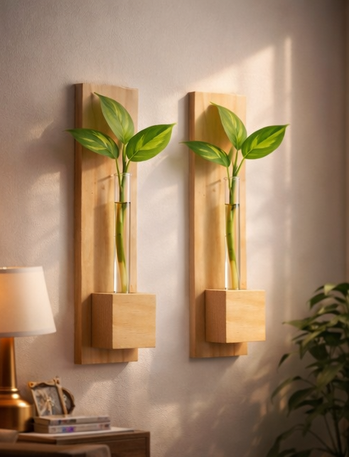 🪴 Wooden Wall Mounted Test Tube Planter (Set of 2) | Handmade Hydroponic Wall Decor | Meenu Wood Crafts