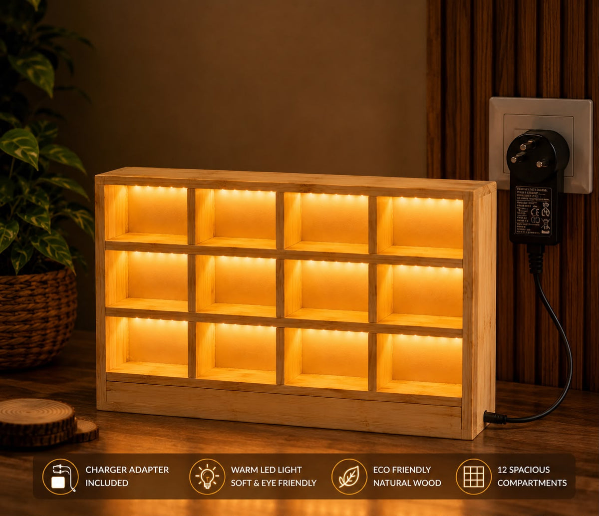 Hot Wheels Wooden LED Display Stand – Premium 12 Car Display Shelf | Warm LED | Handmade Wooden Organizer