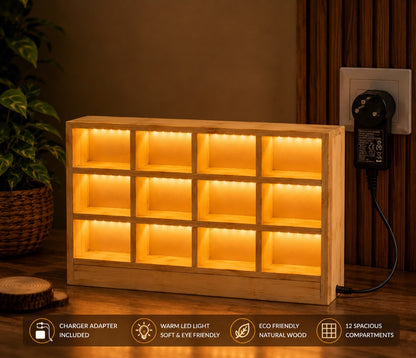 Hot Wheels Wooden LED Display Stand – Premium 12 Car Display Shelf | Warm LED | Handmade Wooden Organizer