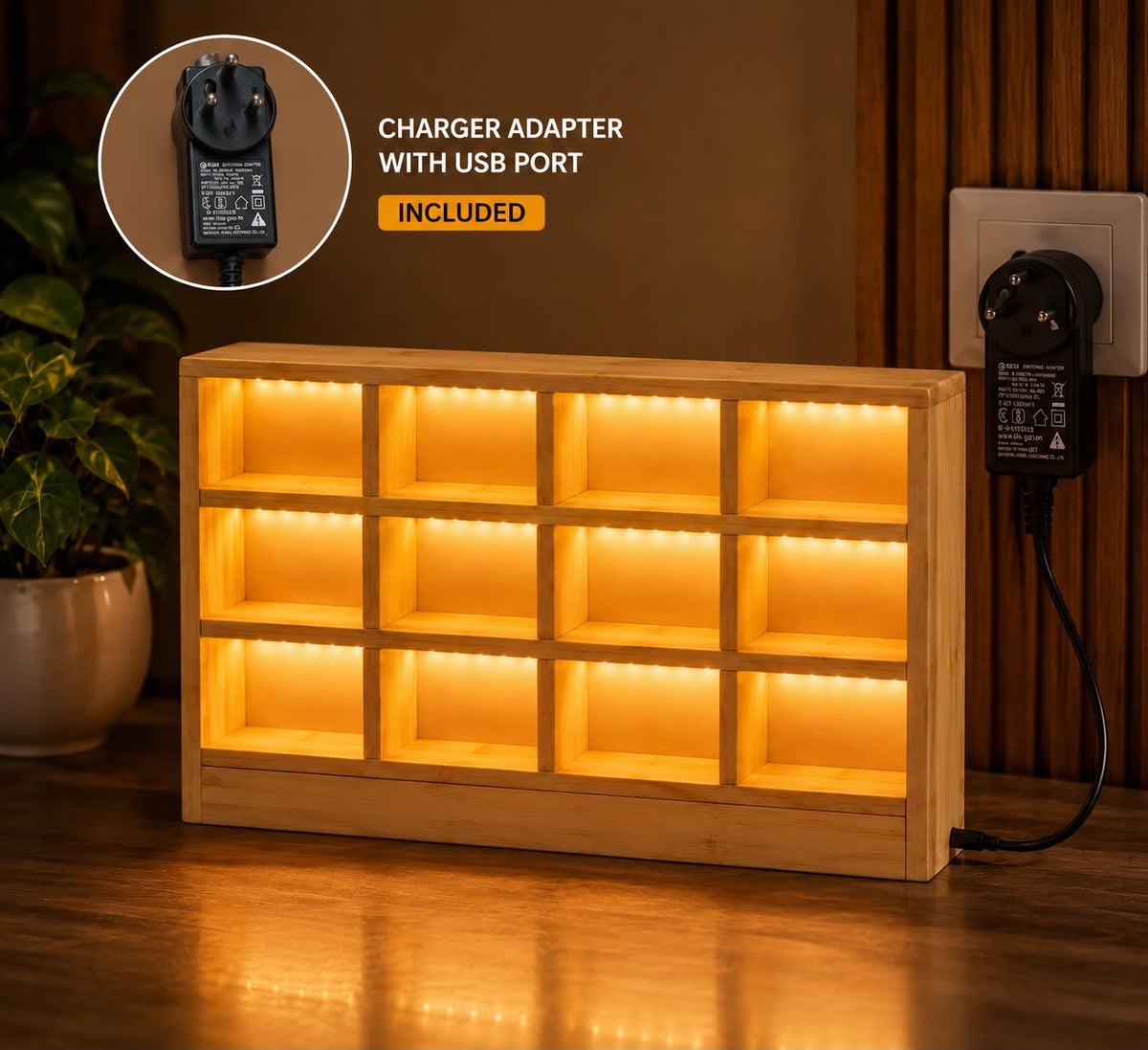 Hot Wheels Wooden LED Display Stand – Premium 12 Car Display Shelf | Warm LED | Handmade Wooden Organizer