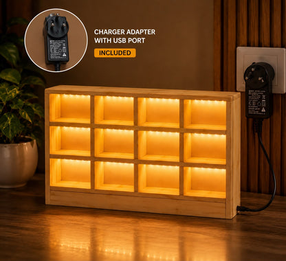 Hot Wheels Wooden LED Display Stand – Premium 12 Car Display Shelf | Warm LED | Handmade Wooden Organizer