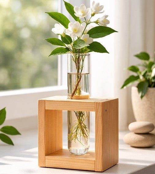 🌿 Wooden Box Test Tube Plant Holder | Handmade Hydroponic Flower Vase | Table Decor | Meenu Wood Crafts