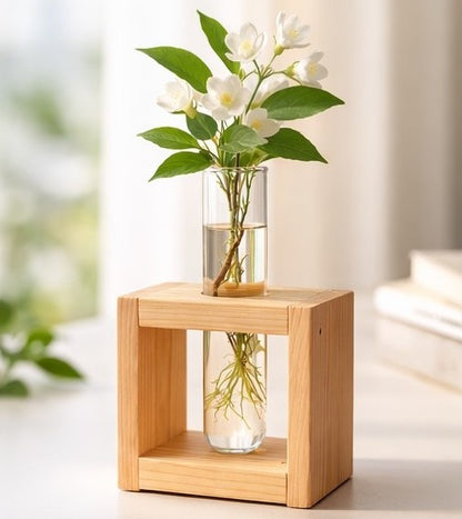 🌿 Wooden Box Test Tube Plant Holder | Handmade Hydroponic Flower Vase | Table Decor | Meenu Wood Crafts