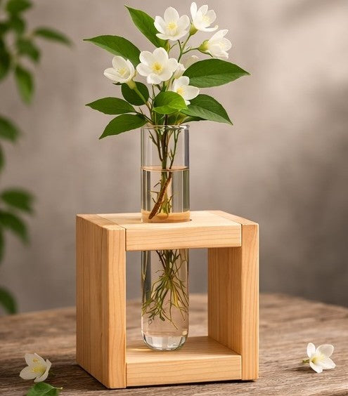 🌿 Wooden Box Test Tube Plant Holder | Handmade Hydroponic Flower Vase | Table Decor | Meenu Wood Crafts