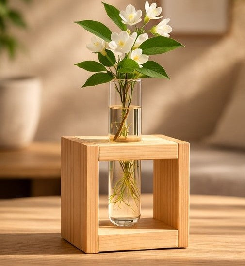 🌿 Wooden Box Test Tube Plant Holder | Handmade Hydroponic Flower Vase | Table Decor | Meenu Wood Crafts