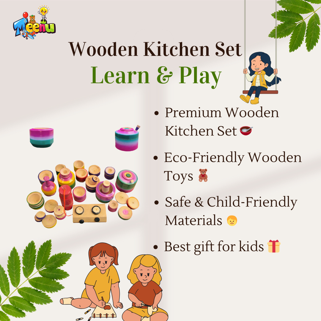 Wooden Kitchen Set for Kids (34 PCS) | Montessori Pretend Play Toy | Handmade Wooden Cooking Set | Meenu Wood Crafts & Toys