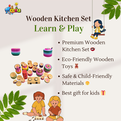 Wooden Kitchen Set for Kids (34 PCS) | Montessori Pretend Play Toy | Handmade Wooden Cooking Set | Meenu Wood Crafts & Toys