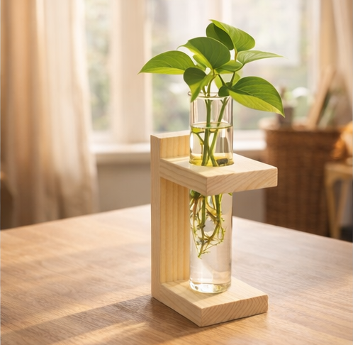 🌿 Wooden Single Test Tube Plant Holder | Handmade Hydroponic Vase | Table Decor | Meenu Wood Crafts