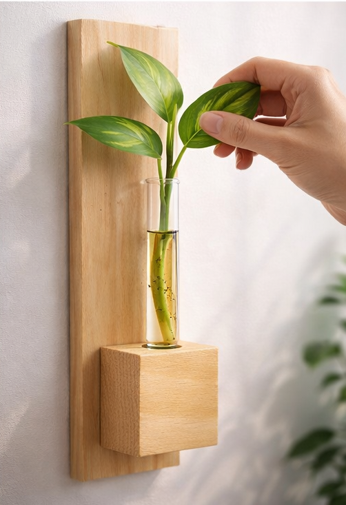 🪴 Wooden Wall Mounted Test Tube Planter (Set of 2) | Handmade Hydroponic Wall Decor | Meenu Wood Crafts